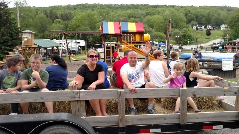 Campers on Wagon Ride During Memorial Day Weekend 2018 at Triple R Campground in Western NY