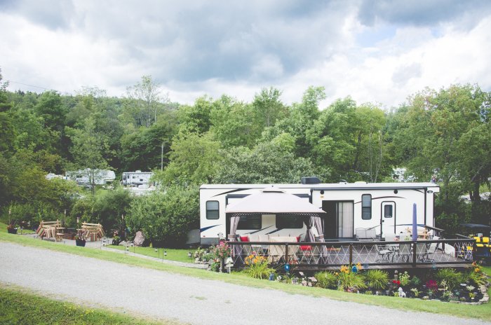 Camper setup at Triple R Camping Resort, a private campground in Western NY