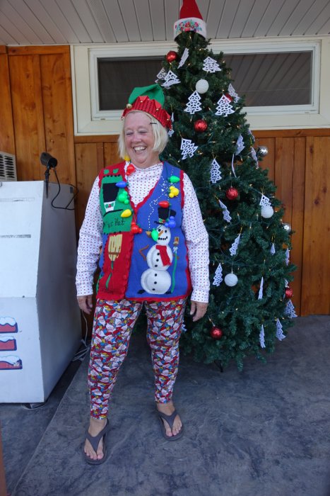 person in front of christmas tree